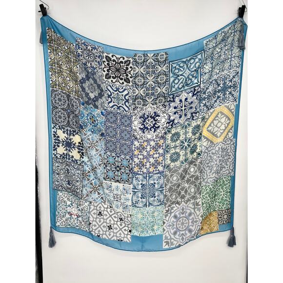 Johnny Was Silk Tassel Scarf Patchwork Mixed Print Square Wrap Blue Gray Green - Picture 4 of 12